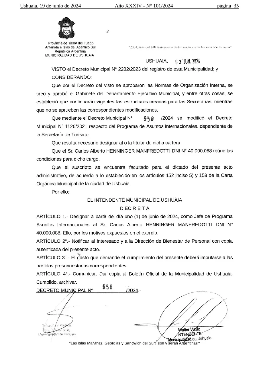 Decreto Municipal USHUAIA Decreto Municipal USHUAIA