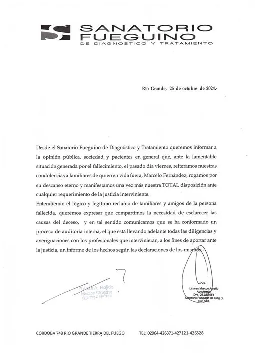 Comunicado del Sanatorio Fueguino Comunicado del Sanatorio Fueguino