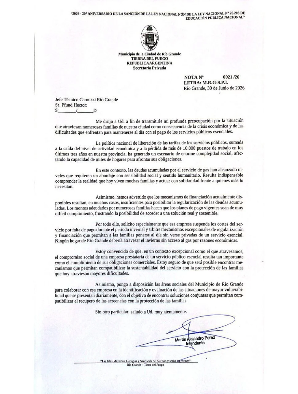 NOTA A CAMUZZI- MUNICIPIO DE RG